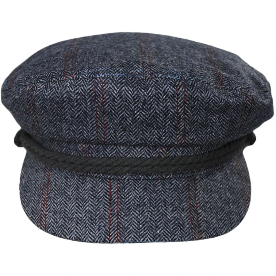 Wool Herringbone Plaid Fiddler Cap - Blue 3 Wool Herringbone Plaid Fiddler Cap - Blue
