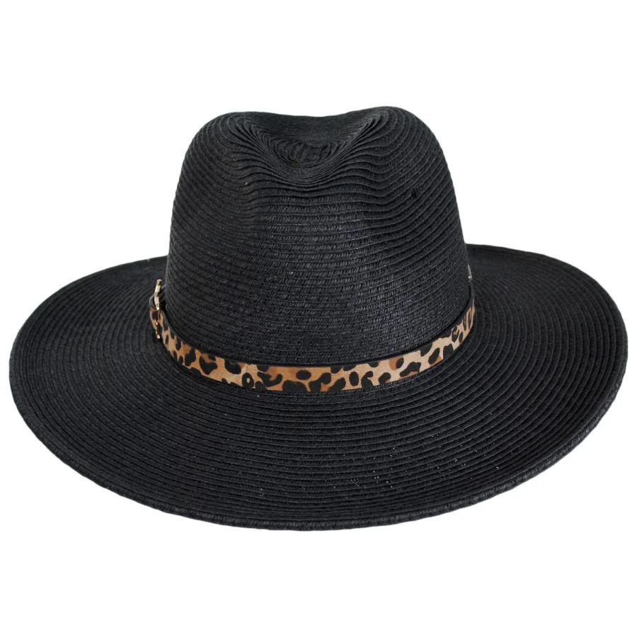 Leopard Band Toyo Straw Safari Fedora Hat 3 Leopard Band Toyo Straw Safari Fedora Hat